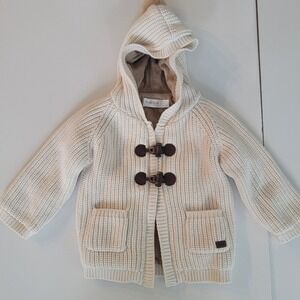 Mayoral Newborn Cream Chunky Knit Faux Fur Lined Toggle Hooded Cardigan 6-9M‎